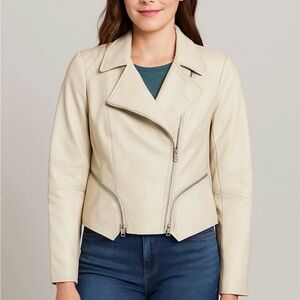 Blank NYC Cream Asymmetrical Leather Moto Jacket